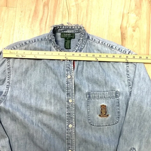 Womens Large Polo Ralph Lauren Denim Logo Shirt Long Sleeve Shirt Vintage - Picture 7 of 11